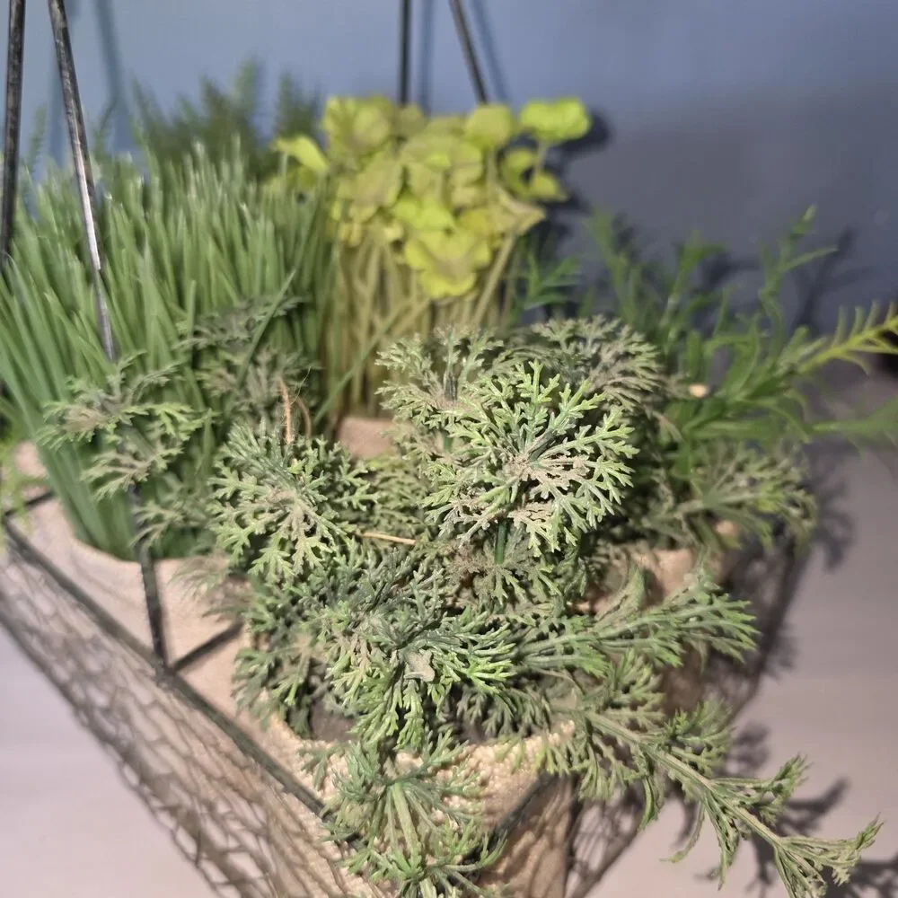 6 Artificial Plants In Burlap Containers In Metal Chicken Wire Carrier w Handle